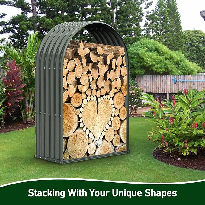 ANLEOLIFE Galvanized Steel Firewood Rack with Weatherproof Corrugated Roof (Shed-Style Log Storage), Heavy Duty Outdoor Log Holder, Rust Resistant, Arch Gray, 18"D x 36"W x 54"H