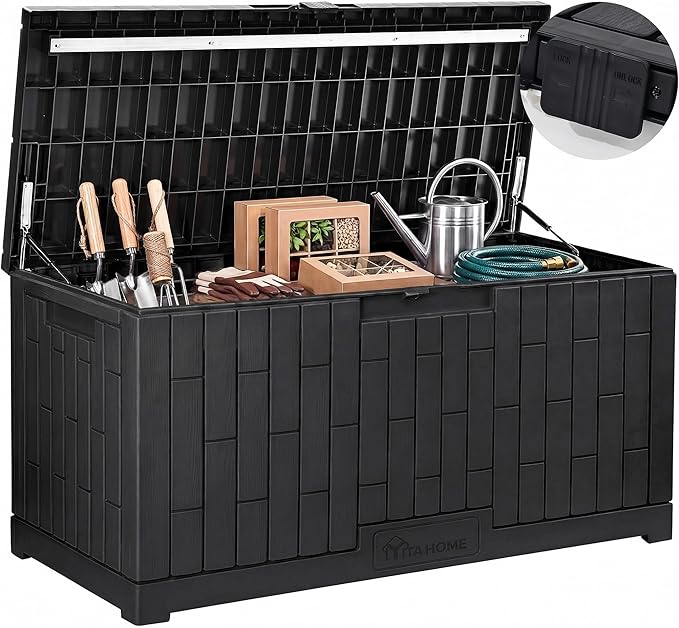 YITAHOME Large Outdoor Storage Box, 120 Gallon Waterproof Resin Deck Box with Slide-Locking Lid, Patio Storage Bin and Bench Seat for Garden Tools, Cushions & Pool Supplies, Easy Assembly, Black
