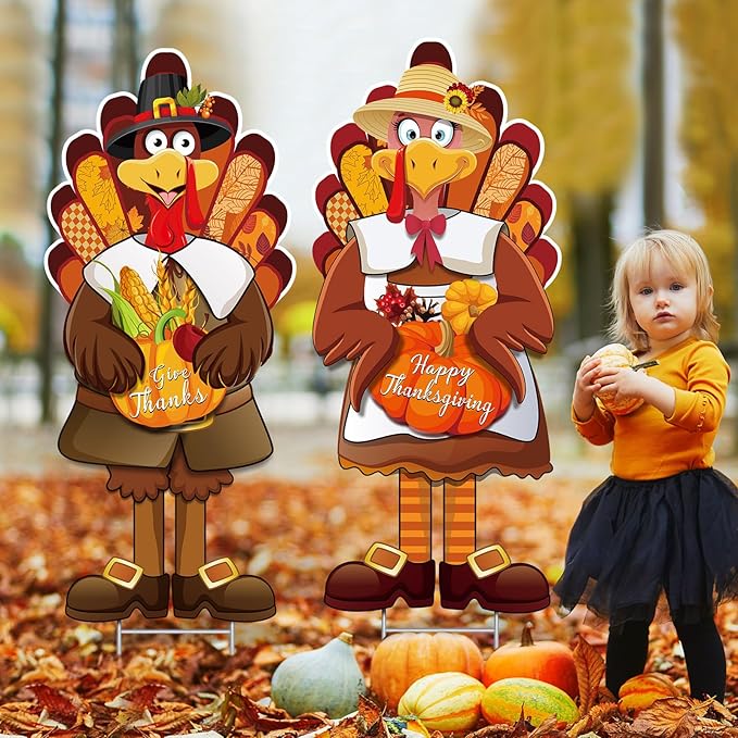 Capoda Large Thanksgiving Turkey Yard Sign Turkey Pumpkin Fall Yard Sign Stake Happy Thanksgiving Signs with H Stand for Fall Autumn Harvest Party Lawn Garden Outdoor Decor, 29.3 x 12.6 Inch