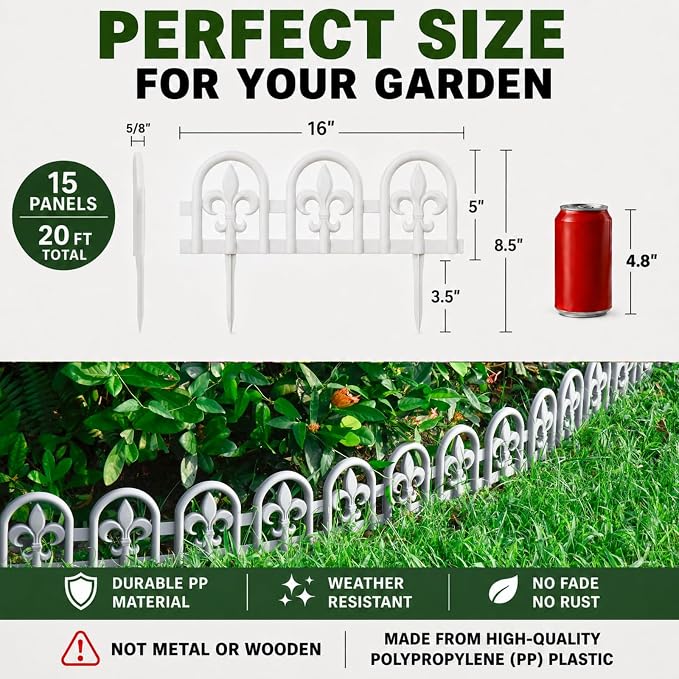 Evelyne White Garden Border Plastic Edging – PP Plastic, Short Metal-Free Wrought Iron Look Design, 15pcs Yard Landscaping Fence Liner Lawn Edge Barrier, 20ft Kit of Decorative Lawn Landscape Panels