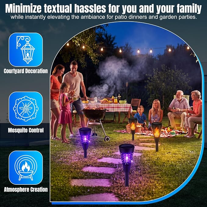 Qualirey 12 Pack Solar Bug Zapper & Mosquito Killer Outdoor Waterproof Cone-Shaped LED Light Mosquito Repellent for Patio, Garden, Yard, Camping - Hanging/Insertion Design (Flame & Purple Light)