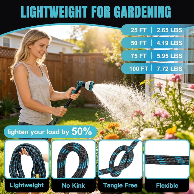 Gardentime 100FT Non-Expandable Garden Hose, Heavy Duty Flexible Water Hose with Leakproof 3/4" Fittings 10 Modes Spray Nozzle, Kink-Free, Lightweight & Durable for Yard, Lawn, Garden & Outdoor Use