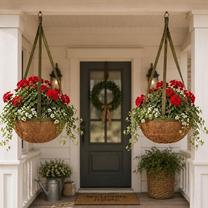 15 Inch Handmade Coco Fiber Hanging Basket 2 Pack - Hanging Planter for Outdoor Plants - Natural Boho Rustic Coconut Coir Oversize Decorative Flower Pot Holder for Porch Patio Balcony Garden