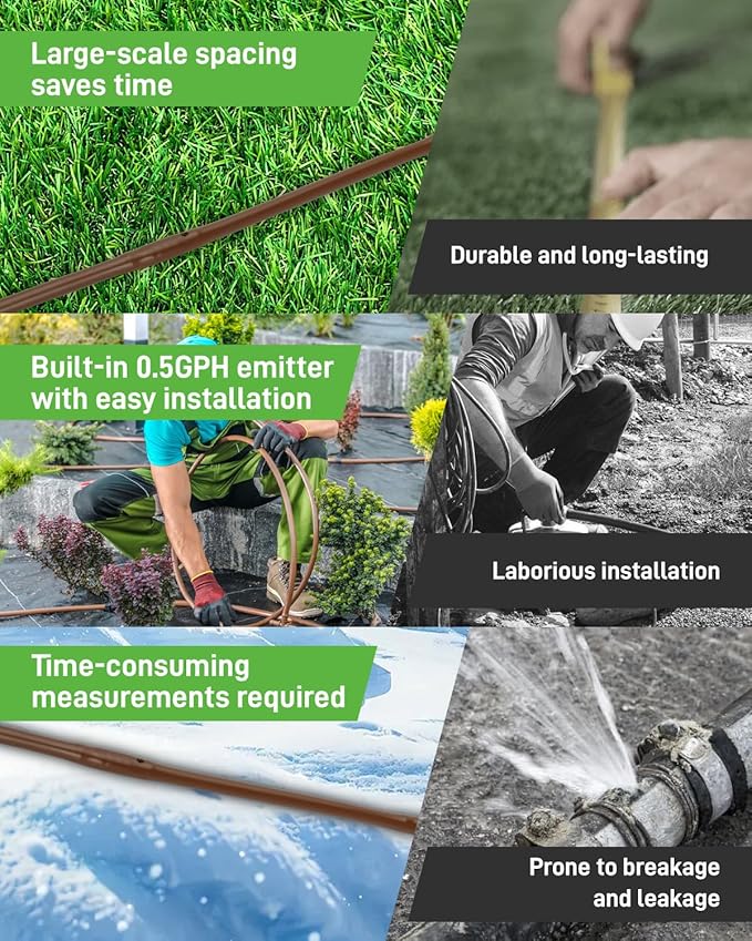 1/4" Drip Irrigation Tubing with 6" Emitter Spacing, (650 Ft Roll) Hydroponics Dripline with Built-in 0.5 GPH Dripper, Saving 80% Water, Drip Line for Garden Irrigation and Raised Beds (Brown)