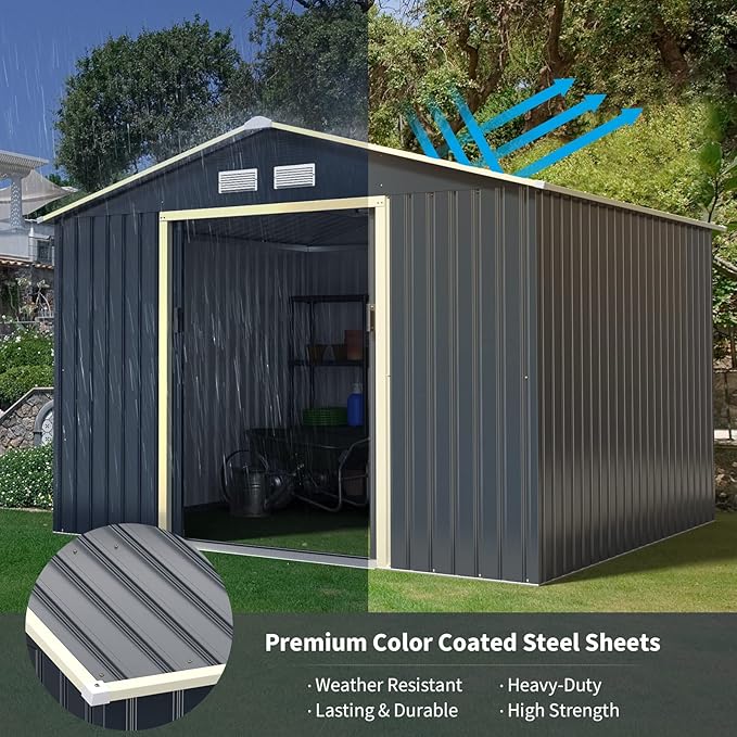 Goplus Storage Shed, Metal 9' X 8' Outdoor Building Organizer with 4 Vents & Double Sliding Door for Garden Backyard Farm (9'X8')