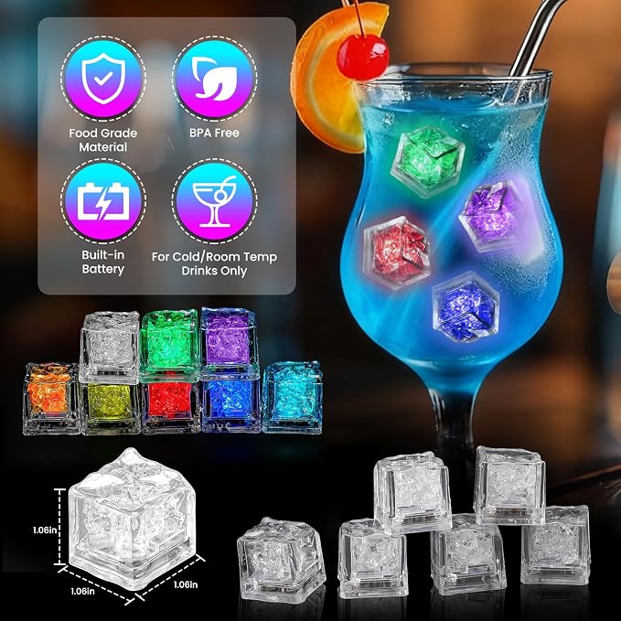 Light Up Ice Cubes, 300 Pack Multi Color Led Ice Cubes for Drinks IP67 Waterproof Reusable Glowing Flashing Changing Lights Water Activated Drink Lights for Cocktails Christmas Party Bar Wedding