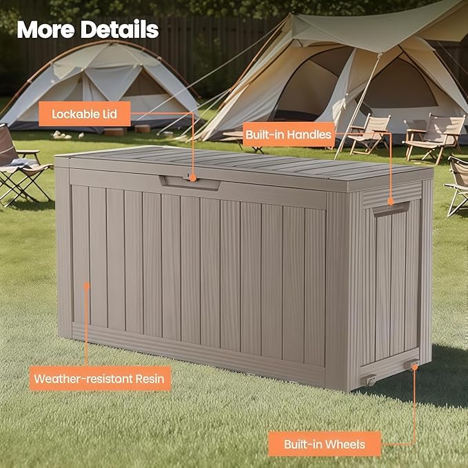 75 Gallon Outdoor Storage Box, Waterproof Resin Deck Box for Patio Cushions & Gardening Tools, Lockable Indoor/Outdoor Storage Bin, Stylish Grey Design