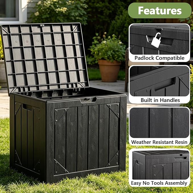 31 Gallon Outdoor Deck Box 4 Pack, Waterproof Resin Patio Storage Boxes with Lockable Lid, Small Outdoor Storage for Cushions, Accessories, Garden Tools, Indoor Outdoor Organizer, Black
