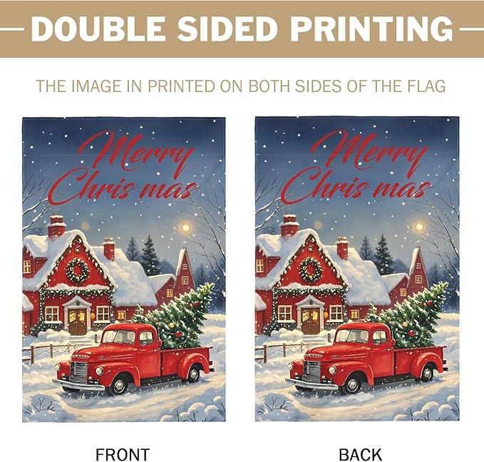 Merry Christmas Garden Flag 12x18 Inch Red Truck House Xmas Winter Holiday Seasonal Theme Decorative Yard Flags for Outside Double Sided Outdoor Home Farmhouse Decoration Porch Decor