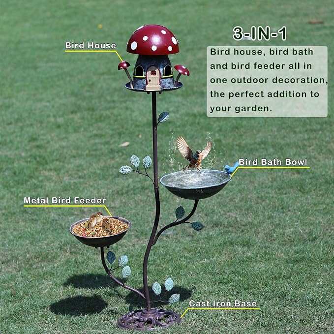 38" H Cast Iron Pedestal Bird Bath, BirdBaths for Outdoors with Metal Birdhouse Birdfeeder 3-in-1, Garden Yard Lawn Decor