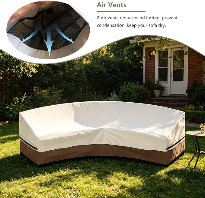 Okcool Outdoor Sectional Cover,Curved Patio Furniture Covers for 3-4 Seater Outdoor Furniture Couch,120"(Back Arc Length) x 82"(Front Arc Length),Beige & Brown