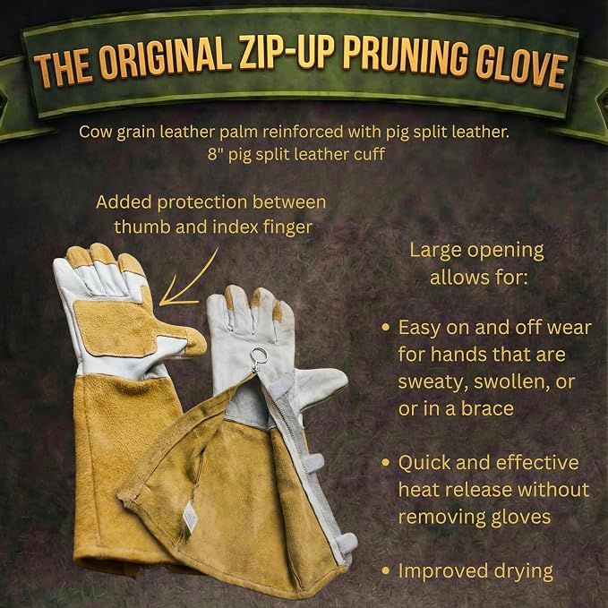 Zip-Up Rose Pruning Gloves | Leather Gauntlet Gardening Gloves | Long Forearm Thorn Protection