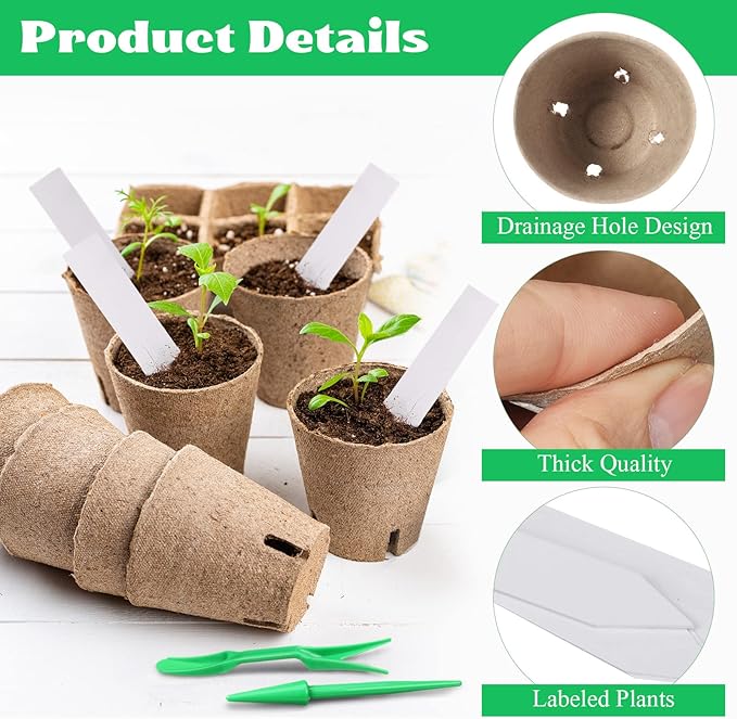 Nuogo 240 Pcs Peat Pots Starters Kit for Seedling 3.15 Inch Biodegradable Small Nursery Pots Planting Peat Trays with 120 Labels and 2 Transplant Tool for Flower Fruit Vegetable Seed Germination