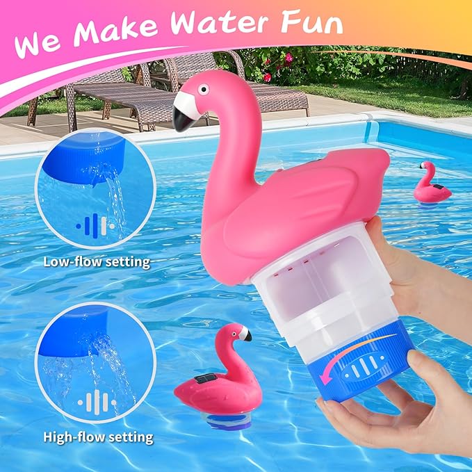 Pool Chlorine Floater, 9 in Flamingo Chlorine Floater with Light, Solar Chlorine Floater w/Adjustable Flow, Large Size Chlorine Tablet Floater, Floating Chlorine Dispenser for Pool Hot Tub