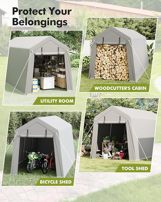 7x12 ft Carport Storage Shed, Portable Garage Tent with Roll-Up Zipper Door, Waterproof Heavy Duty Tarp Canopy, Vented Front & Back, for Motorcycle Bike Firewood Tools Outdoor Storage Shelter