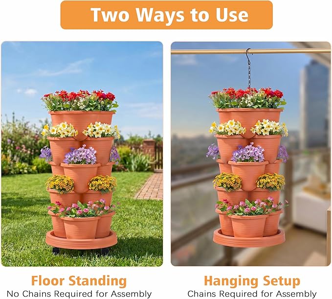 VECELO 5 Tier Vertical Garden Planter, Self Watering Stackable Planters with Wheels for Strawberries, Herbs, Flowers, Vegetables, Red