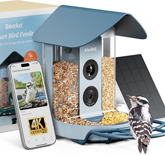 Kiwibit Smart Bird Feeder 4K AI Camera with Solar Panel for Outdoors, Bird Species Identification, 8MP Photo, 4K Video Livestream, Real-Time Bird Alert, Birdwatching Gift for Bird Lover, Bluejay Sky