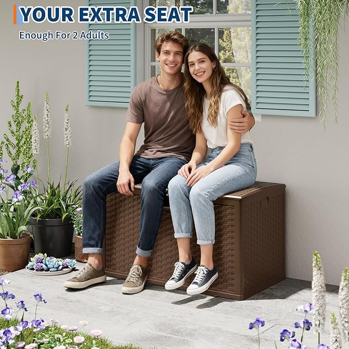GarveeLife 120 Gallon Outdoor Storage Box, Large Resin Deck Box with Hydraulic Air Rod, Weatherproof & Lockable Outdoor Storage Bin for Patio Cushions, Garden Tools, Pool Supplies, Porch, Brown