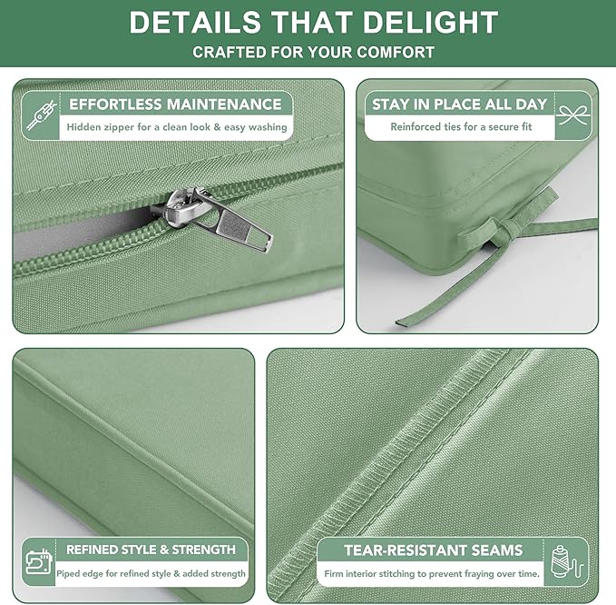 Summsun Waterproof Outdoor Patio Cushions with Removable Cover, Fade Resistant Back Pillow and Seat Cushion Set for Yard Porch Garden, 19 x 19 Inch, Sage Green, Set of 4