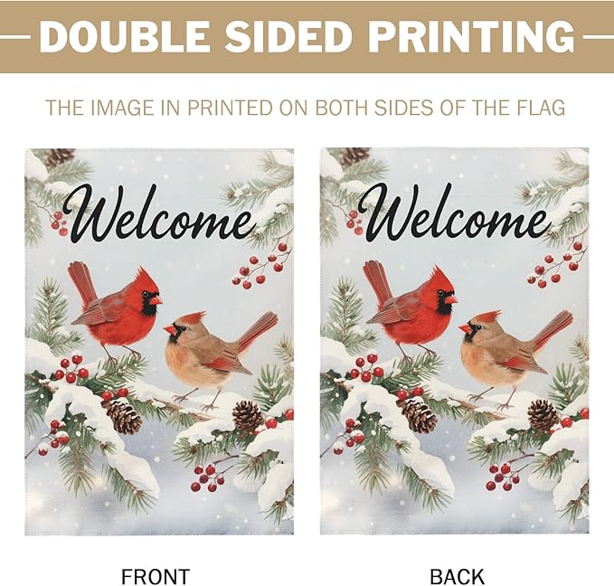 Winter Cardinal House Flag 28x40 Inch Snow Scene Bird Welcome Christmas Holiday Seasonal Decorative Garden Flags for Outside Double Sided Outdoor Home Farmhouse Decoration Porch Yard New Year Decor