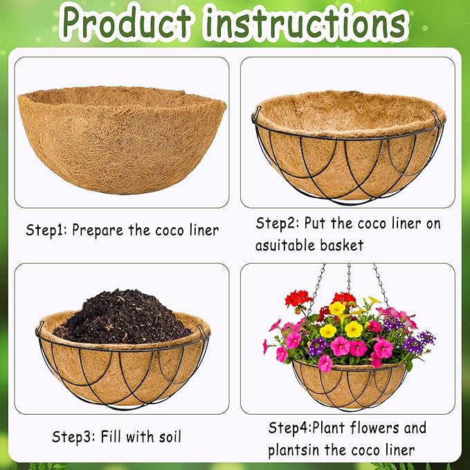 4pcs 14 inch Metal Hanging Baskets Round Wire Plant Stand with Coco Lining Cushion Decorative Planter Hanger Garden Indoor Outdoor Watering Hanging Basket （DQ）