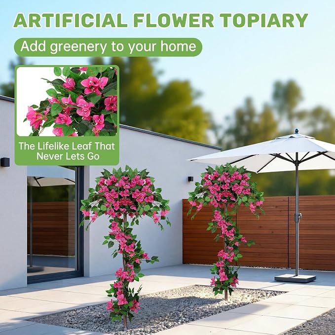 2Pack 5FT Artificial Bougainvillea Topiary Trees for Outdoor, Fake Silk Flowers Plants Bushes with Ground Spike, Faux UV Resistant Shurbs Trees for Outside,Front Porch,Patio,Balcony Decor