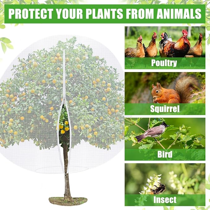 12 x 12 ft Large Fruit Tree Netting for Protecting Fruit from Squirrels Birds Bug Deer & Rat Garden Mesh Netting with Zipper and Drawstring Tree Covers for Blueberry Peach Apple Garden Bushes