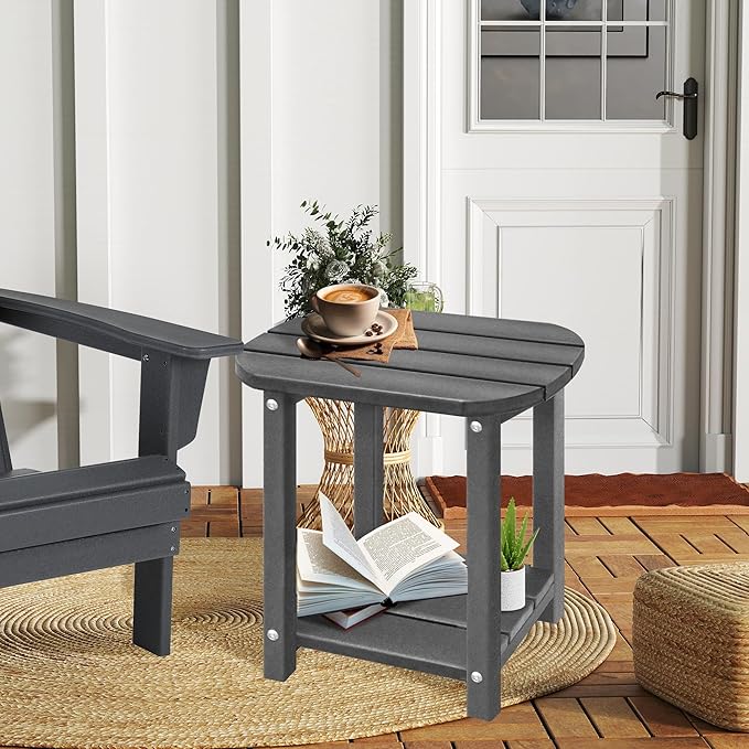 LZRS 2-Tier Patio Side Table, Heavy Duty HDPE Outdoor End Table with Wood Texture, Weatherproof Composite Table for Adirondack Chairs, Deck, Pool, Indoor/Outdoor, No Peeling Cracking(Grey)