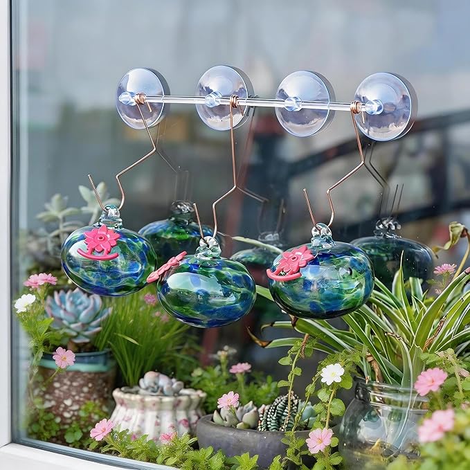 QFkris Set of 3 Blown Glass Hummingbird Feeder with Suction Cups for Window, Small Hummingbird Feeder with Flower Feeding Ports for Outside Garden Backyard Decor, Gifts for Women Mom(Green)