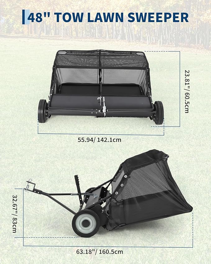 Garvee 48" Lawn Sweeper Tow Behind, Pull Behind Yard Sweeper, 26 Cu. Ft Large Hopper Leaf & Grass Collector, Heavy Duty Garden Sweeper with Adjustable Sweeping Height for Yard, Lawn, Farm