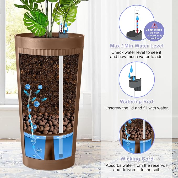 24in Tall Self-Watering Planters Set of 2, Brown | Water level indicator, Self-watering irrigation system, Non-toxic PP plastic, Weather Resistant, Indoor Outdoor Use