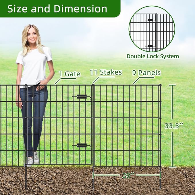 FOREHOGAR Metal Garden Fence with Gate 33.3in (H) x 23.3ft (L), 1 Gate + 9 Panels Dog Fence Border Fence Animal Barrier, No Dig Garden Fencing for Yard Flower Bed Lawn Patio Outdoor, PIN332810G Black