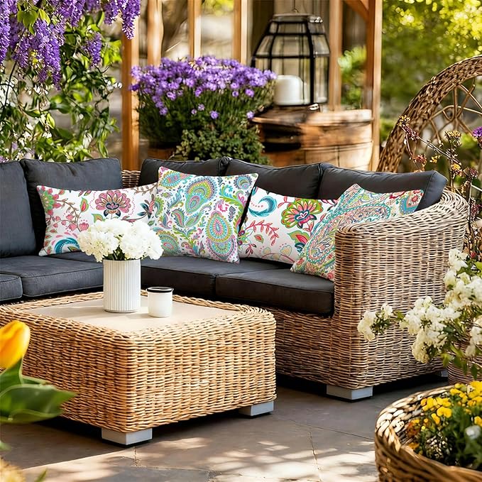 NIGHTWISH Outdoor Waterproof Pillow Covers 12x20 Set of 4 Spring Summer Floral Boho Decorative Outdoor Throw Pillows Paisley Cushion Cases for Patio Furniture Bench Couch Sunbrella