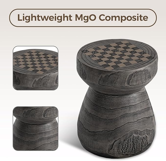 COSIEST Outdoor Side Table with Chessboard, 14'' Round Concrete Lightweight Faux Wooden Multi-Use End Table Garden Stool Log Style Plant Stand for Deck, Patio, Grey