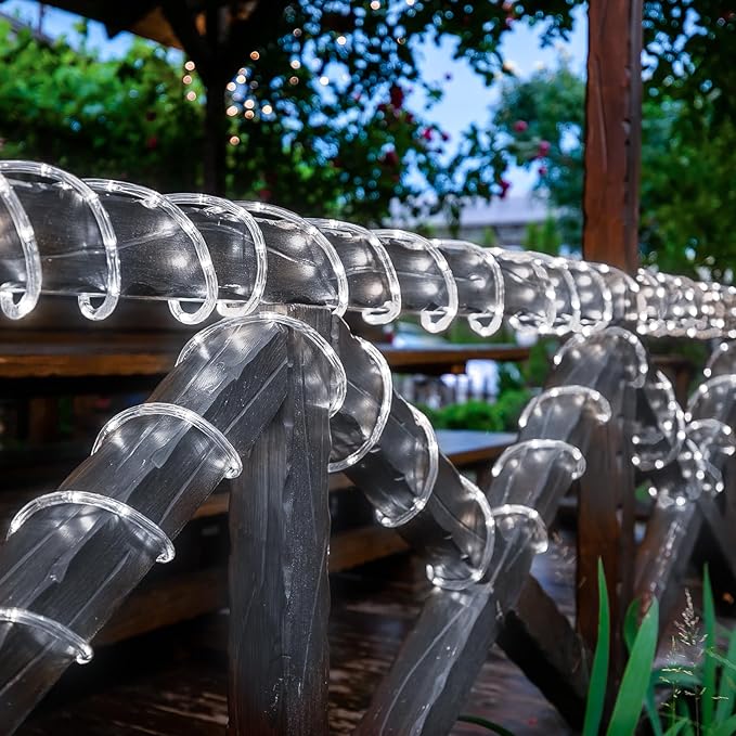 Solar Rope Lights, 66ft 200LED Solar String Lights, 8 Modes Waterproof Solar Powered Outdoor Light, Flexible Clear Tube Light for Garden, Backyard, Patio, Deck, Porch, Pool, Tree Decorative - White