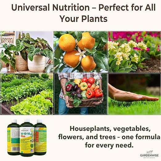 GARDENWISE 10-10-10 All Purpose Plant Food - Liquid Fertilizer with Seaweed Kelp & Iron - Indoor & Outdoor Plant Food, Vegetables, Flowers, Lawn & Garden 1x32oz