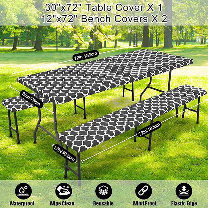 Smiry Picnic Table Cover with Bench Covers, Waterproof Elastic Fitted Tablecloth for 6 Foot Tables, Washable Polyester Tablecloths for Camping, Indoor & Outdoor (Dark Grey, 30x72 Inch 3-pc Set)
