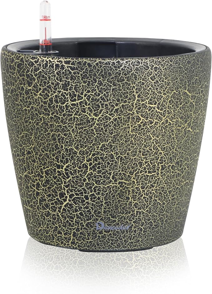 Dexceder 9x8 Self Watering Planter (Black Gold Crackle) | Inner Pot Design, Thickened Table Flower Plant Pot with Water Level Indicator Indoor Outdoor