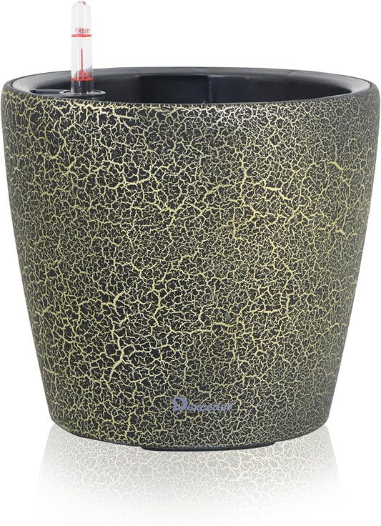 Dexceder 11x10 Self Watering Planter (Black Gold Crackle) | Inner Pot Design, Thickened Table Flower Plant Pot with Water Level Indicator Indoor Outdoor