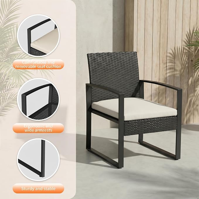 Garvee 3 Pieces Patio Bistro Set, PE Rattan Patio Conversation Set with Tempered Glass Coffee Table, Outdoor Wicker Furniture for Patio Garden Balcony Backyard, Black and Beige