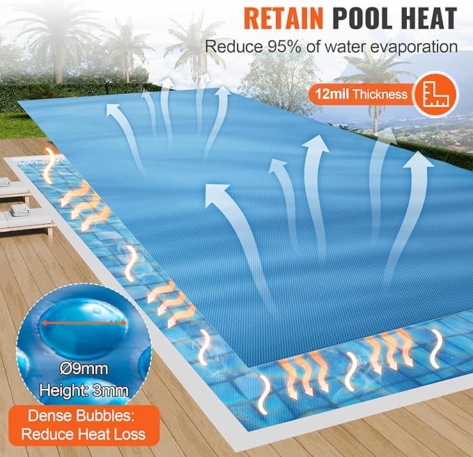 VEVOR Solar Pool Cover, 24 x 12 ft Rectangle Solar Cover 12 mil for Pools, Inground Above Ground Swimming Pool Solar Blanket with Bubble, Heat Retaining Solar Covers Blue