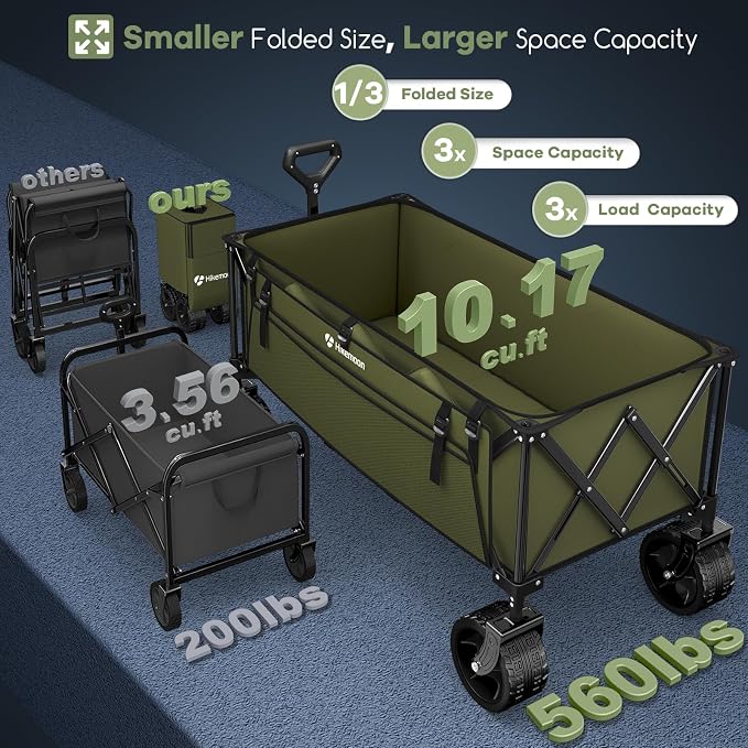 Hikemoon 300L Extra Large Wagons Carts Foldable, 560LBS Heavy Duty Collapsible Beach Wagon 48" Long with Big All-Terrain Wheels, Utility Folding Cart for Camping, Grocery, Sports, Garden, Green