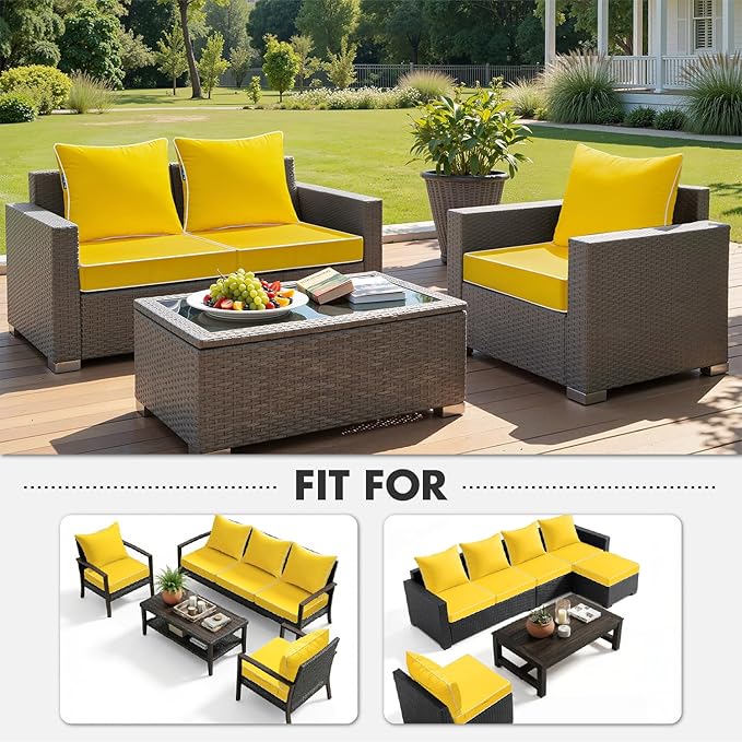 MIULEE Yellow Outdoor Seat Cushion 22x22 Inch Waterproof & 3 Year Fade Resistant Deep Seat and Back Cushion for Patio Furniture Chair Sofa Couch with Handle and Adjustable Straps