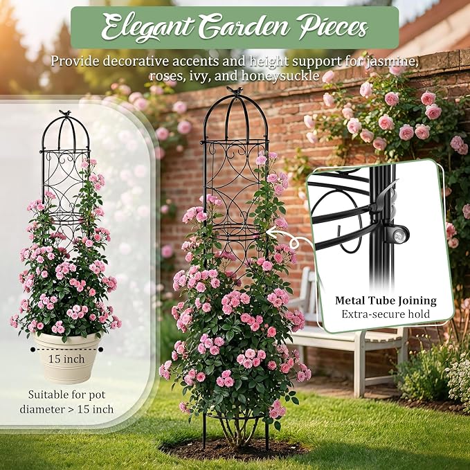 100% Metal 6.1 Ft Garden Obelisk Trellis for Climbing Plants, Rustproof Coated Floral Scrollwork Plant Support with Bird Finial, for Tomato, Rose, Grape, Cucumber, Vines, Indoor/Outdoor Black