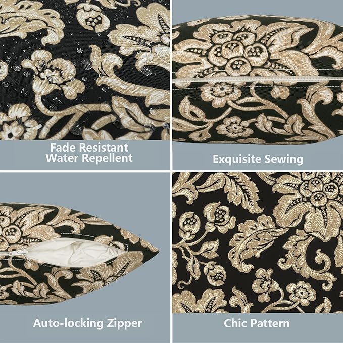 LVTXIII 2 Pack Outdoor Throw Pillow Covers for Patio Furniture, 16x16 Inch Square Pillow Case, Water-Repellent Cushion Covers for Garden, Porch, Sofa, Jacobean Black
