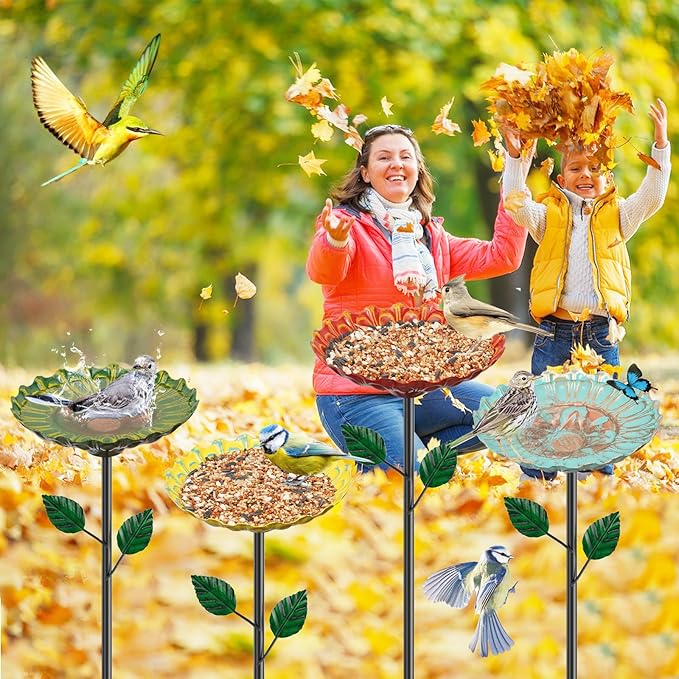 2 Pack Bird Baths for Outdoors, Colorful Metal Bird Bath for Outside, Hummingbird Bath with Five Stakes, Outdoor Birdbath Decor for Garden Yard Lawn Backyard Patio (4PCS Sunflower)