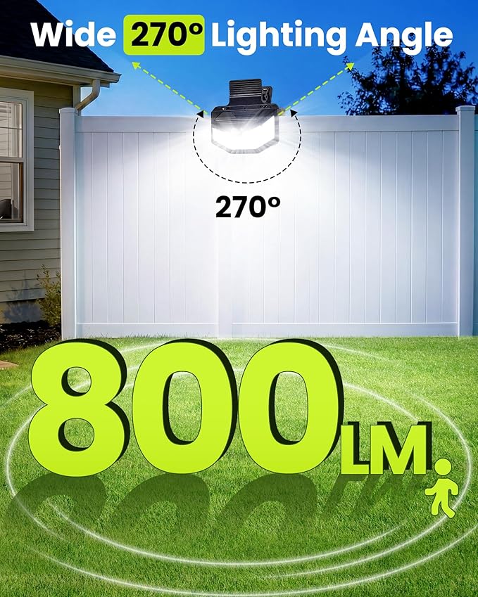 Clip on Solar Lights Outdoor with Motion Sensor, 800LM & 270° Wide Angle Solar Fence Lights Outdoor Waterproof with 115 LEDs, 3 Modes & Portable Security Lights for Chain Link Patio Deck Yard (1Pack)