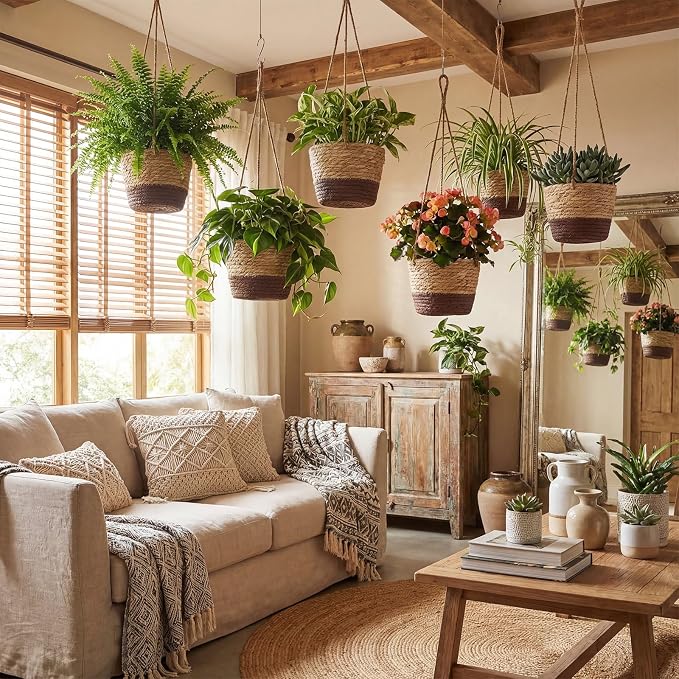 6 Pcs Seagrass Hanging Planter Basket Hand Woven Plant Basket with Plastic Liners Hanging Plant Holder Storage Containers with Cotton Rope for Indoor Garden Decor (Small,Brown,Coffee Brown)