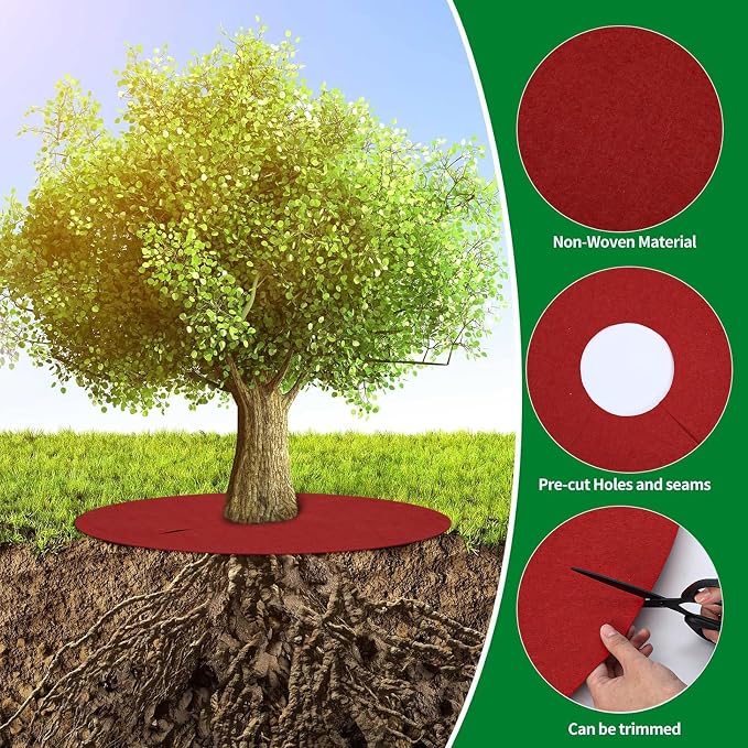 Shimeyao 16 Pcs 32. 2 Inch Non Woven Tree Mulch Ring Round Tree Weed Barrier Mat Reusable Landscape Protector Base Barrier Fabric for Weed Root Protection (Red)
