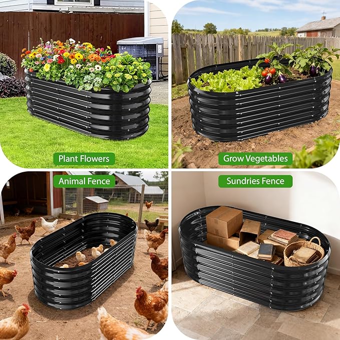 YSEJOMP 17" Tall Outdoor Garden Raised Garden Bed Kits, 4ft X 2ft Oval,0.8MM Thick Metal Raised Planter Bed/Ground Planter Box for Variety of Flowers,Herbs,Vegetables (Black, 48X24X16.5 Inches)